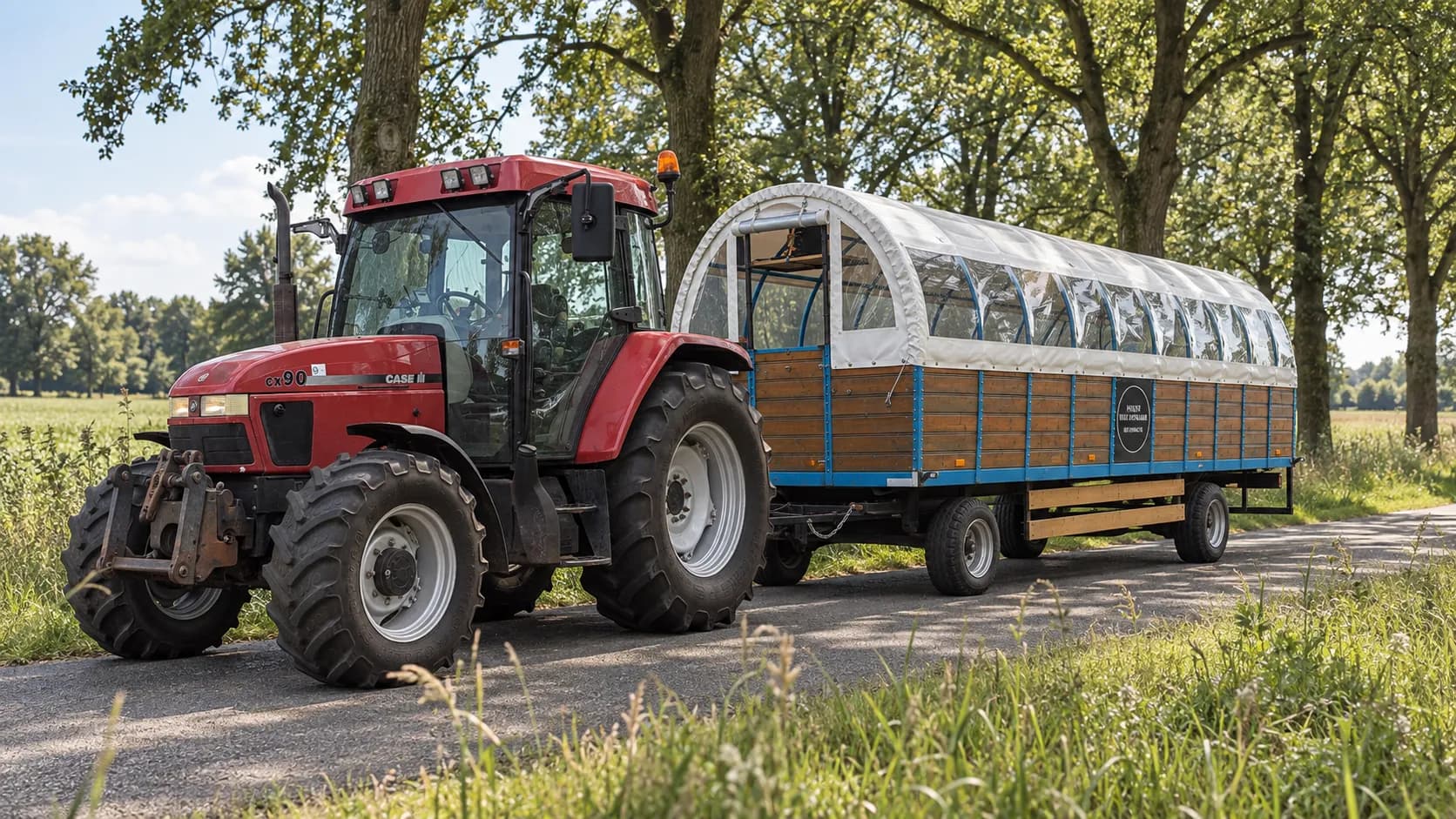 Rode Case-tractor met de witte Konings-huifkar op een landweg tussen de bomen